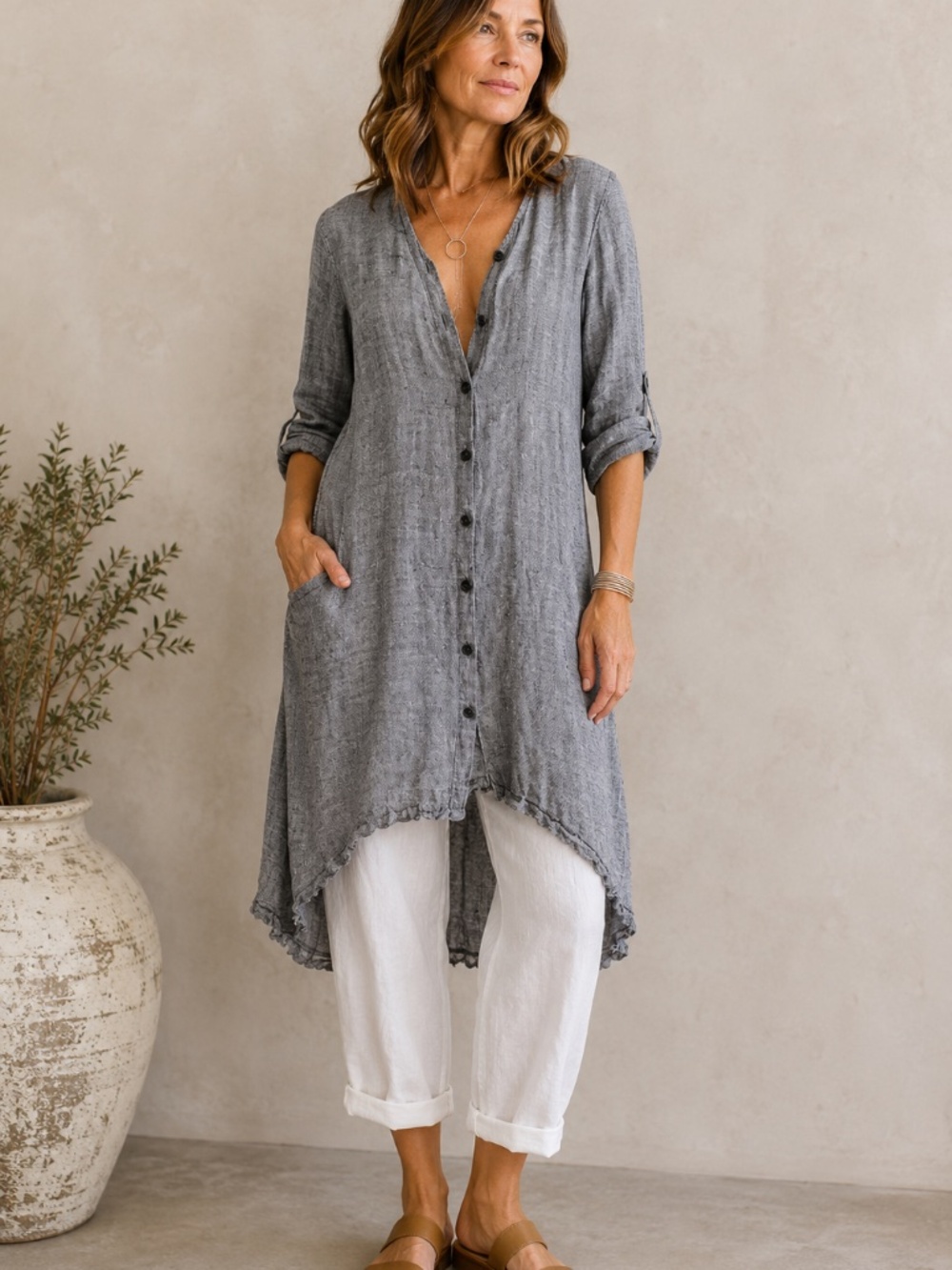FLAX Lagenlook Linen Button Up Tunic Dress Gray S